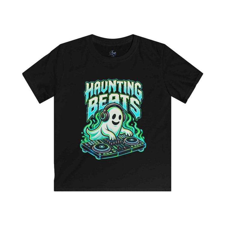 A black short-sleeve t-shirt with a graphic on the front featuring a cartoon ghost DJ with headphones and the text 'HAUNTING BEATS' in a glowing green and blue font, shown against a plain white background.