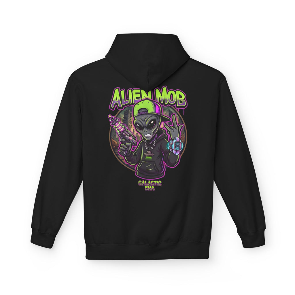Black alien hip hop pullover hoodie back view with bold Alien Mob Galactic Era graphic print – streetwear

