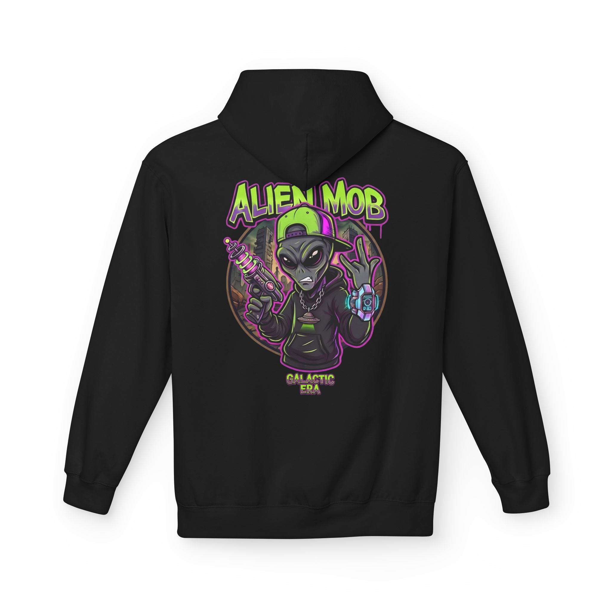 Black alien hip hop pullover hoodie back view with bold Alien Mob Galactic Era graphic print – streetwear


