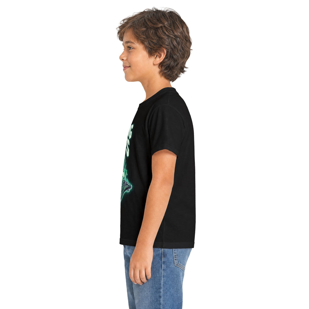 "Left side view of kids black Halloween ghost DJ t-shirt — Haunting Beats graphic tee showing lightweight cotton fit on child"

