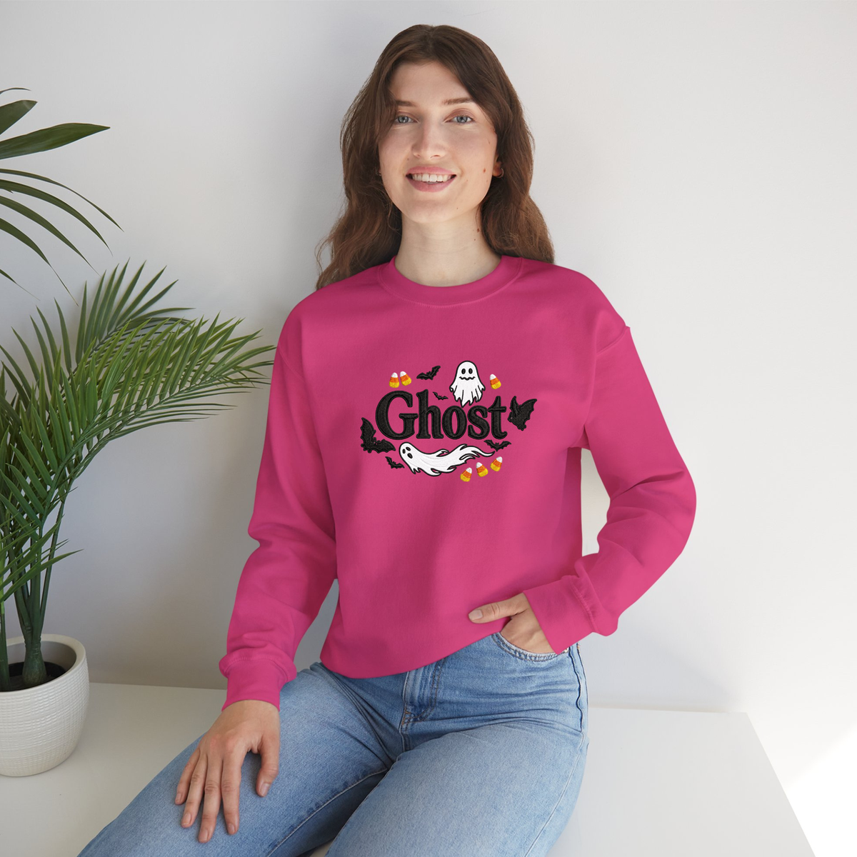 Embroider Halloween Ghost Pink Color Sweater women model posing front view 