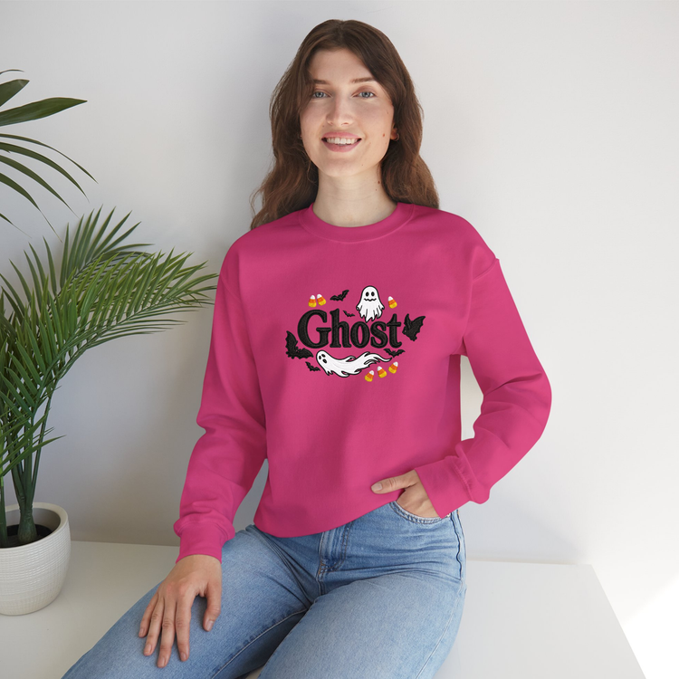 Embroider Halloween Ghost Pink Color Sweater women model posing front view 