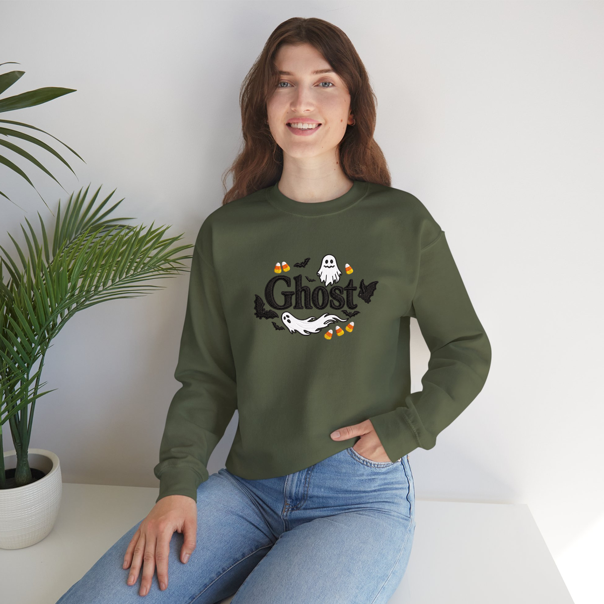 Embroider Halloween Ghost Military Green Color Sweater women model posing front view 