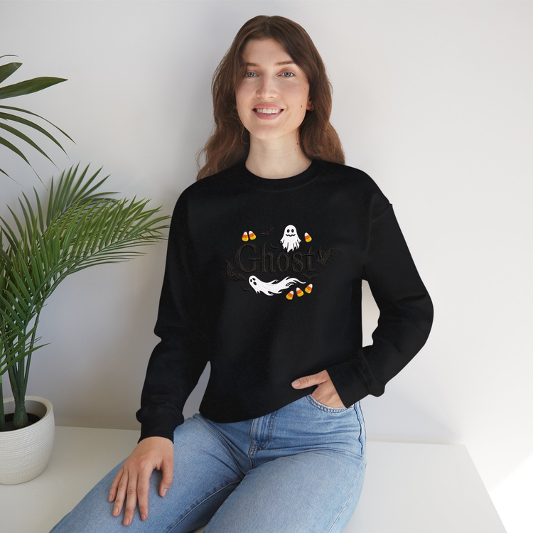 Embroider Halloween Ghost Black Color Sweater women model posing front view 