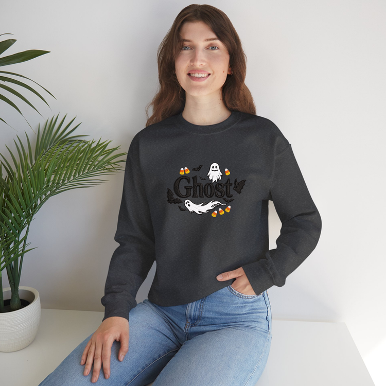 Embroider Halloween Ghost Dark Gray Color Sweater women model posing front view 