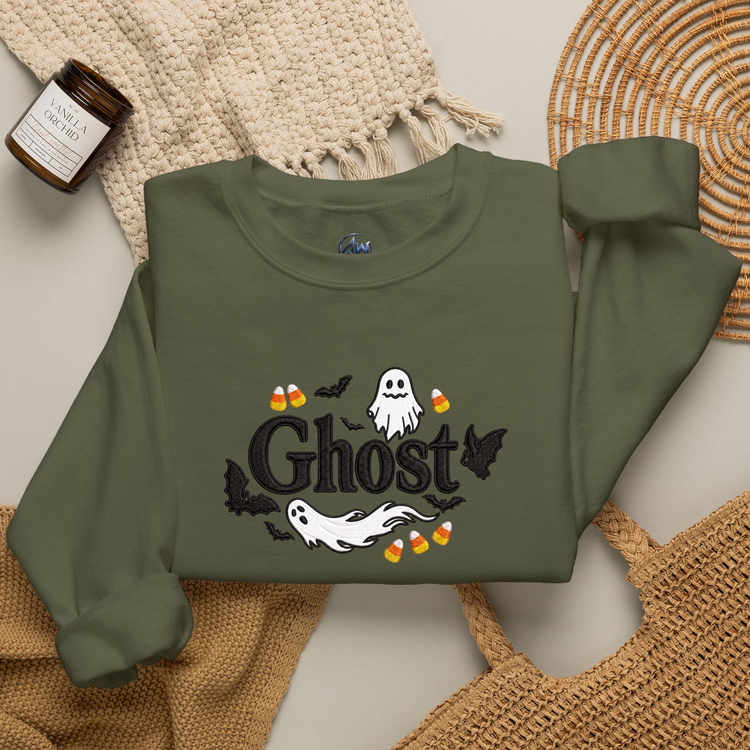 Embroider Halloween Ghost sweater  Folded In Half Military Green Color Sweater front view 