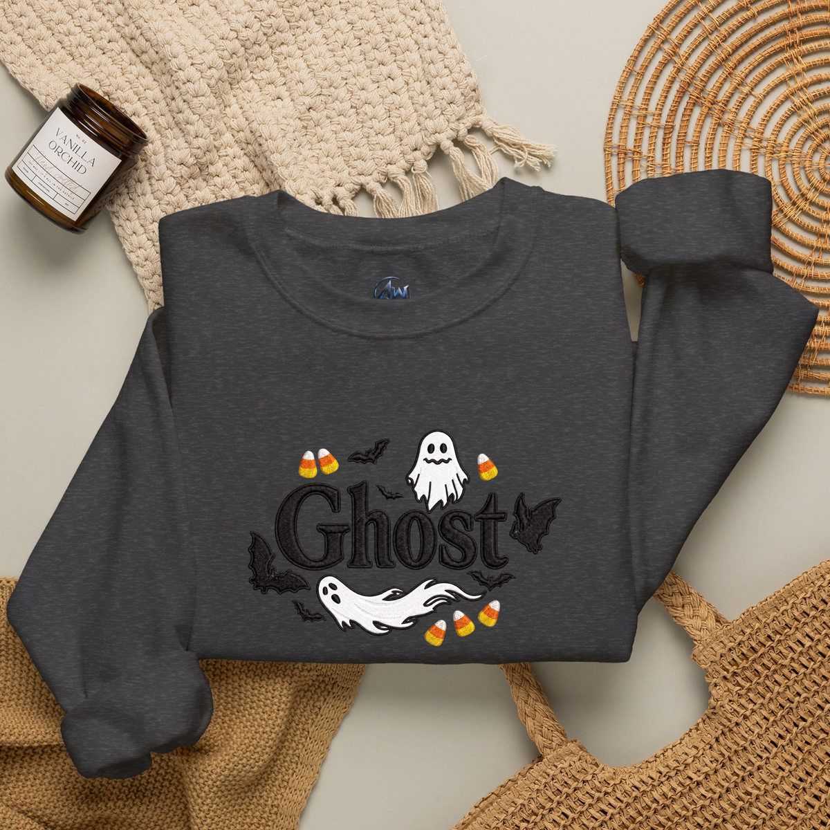 Embroider Halloween Ghost sweater  Folded In Half Dark Grey Color Sweater front view 