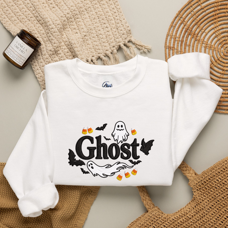 Embroider Halloween Ghost sweater  Folded In Half White Color Sweater front view 