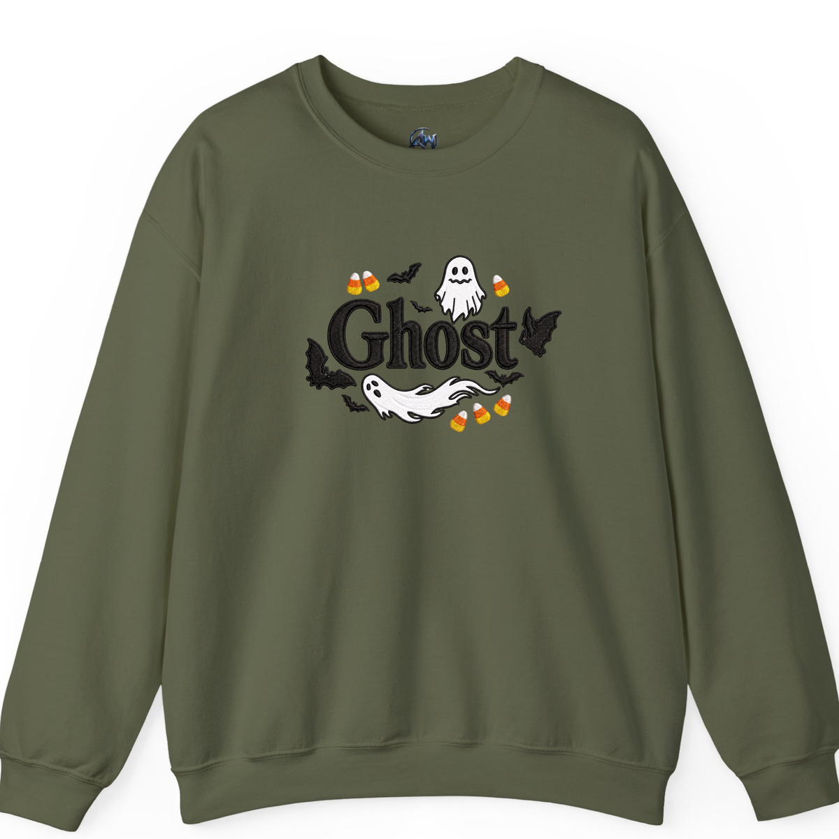Embroider Halloween Ghost sweater  Military Green Color Sweater front view 