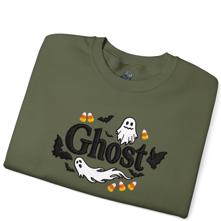 Embroider Halloween Ghost sweater  Folded In Half Military Green Color Sweater front view 