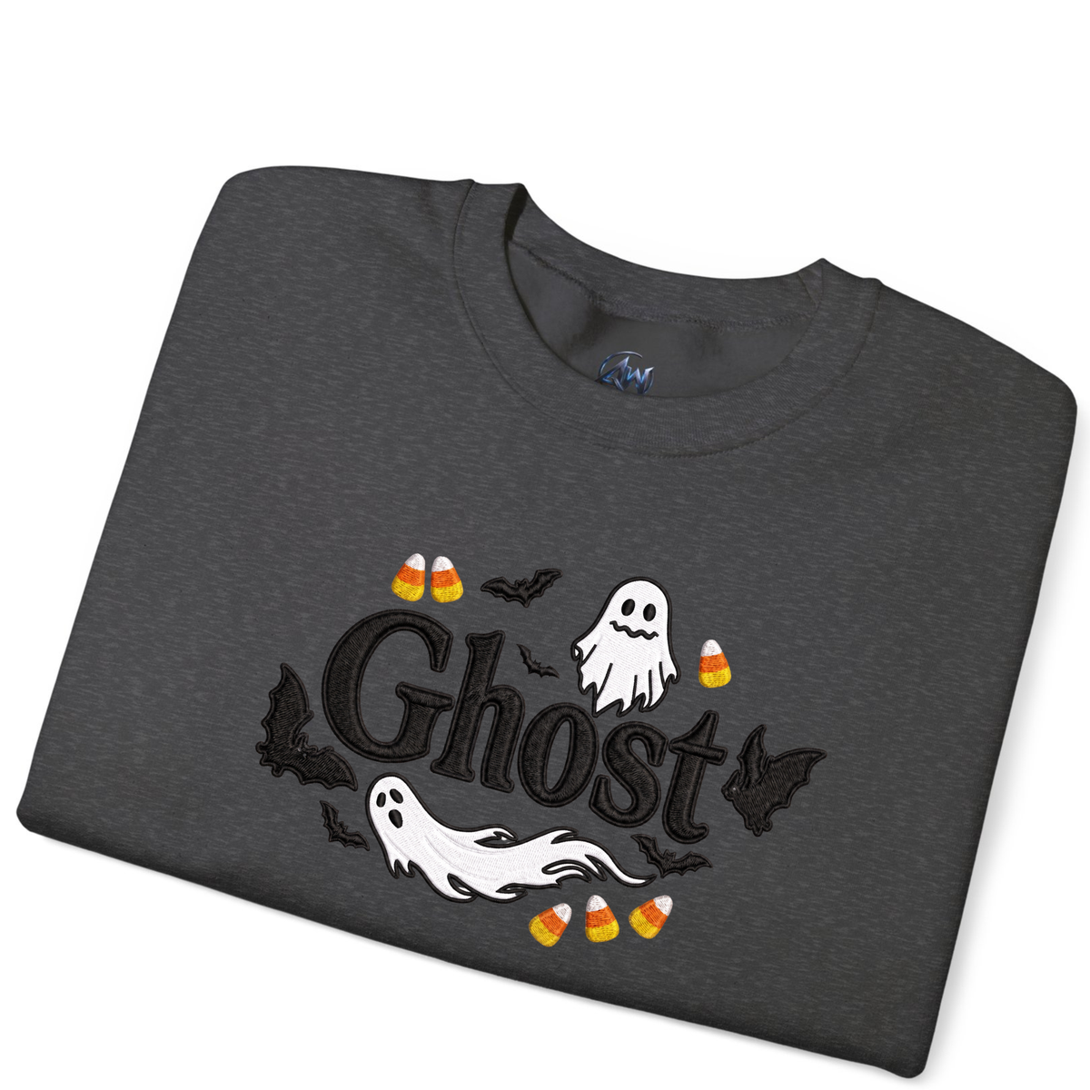 Embroider Halloween Ghost sweater  Folded In Half Dark Gray Color Sweater front view 