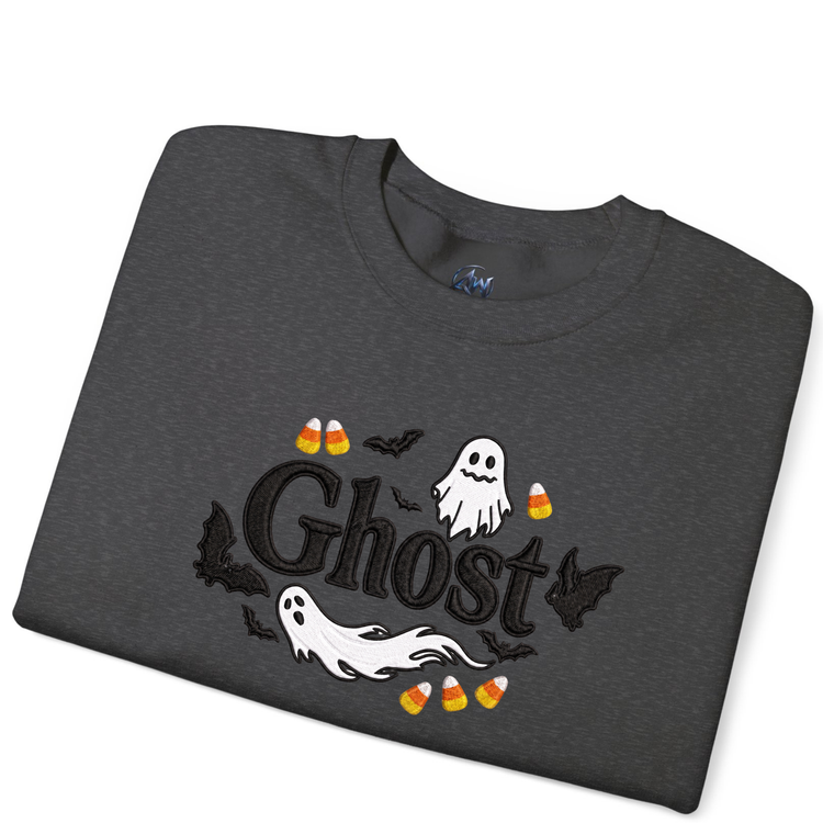 Embroider Halloween Ghost sweater  Folded In Half Dark Gray Color Sweater front view 