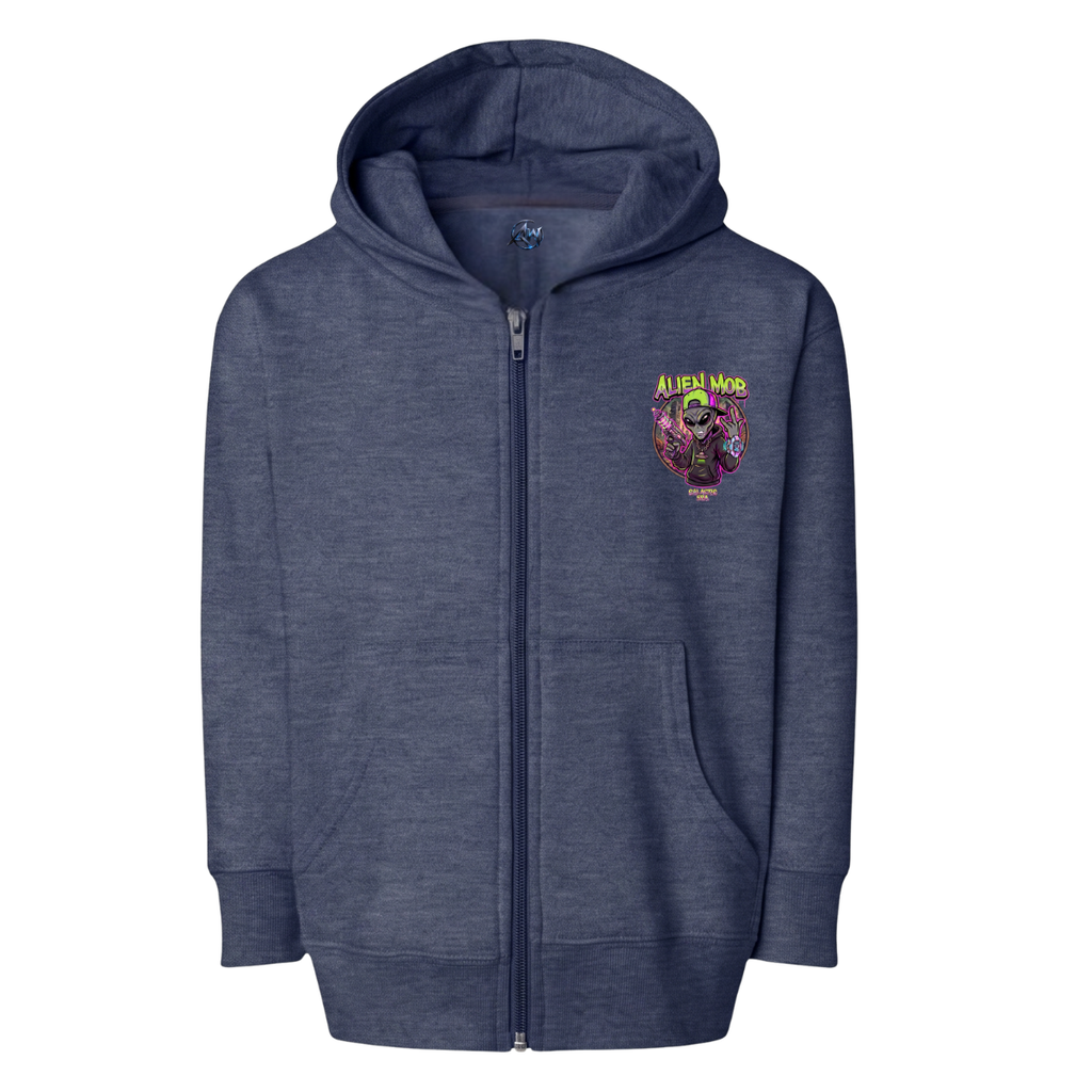 A navy blue heather zip-up hoodie with a colorful graphic on the left chest featuring an alien character and the text 'ALIEN Mob, displayed on a clean white background. front view