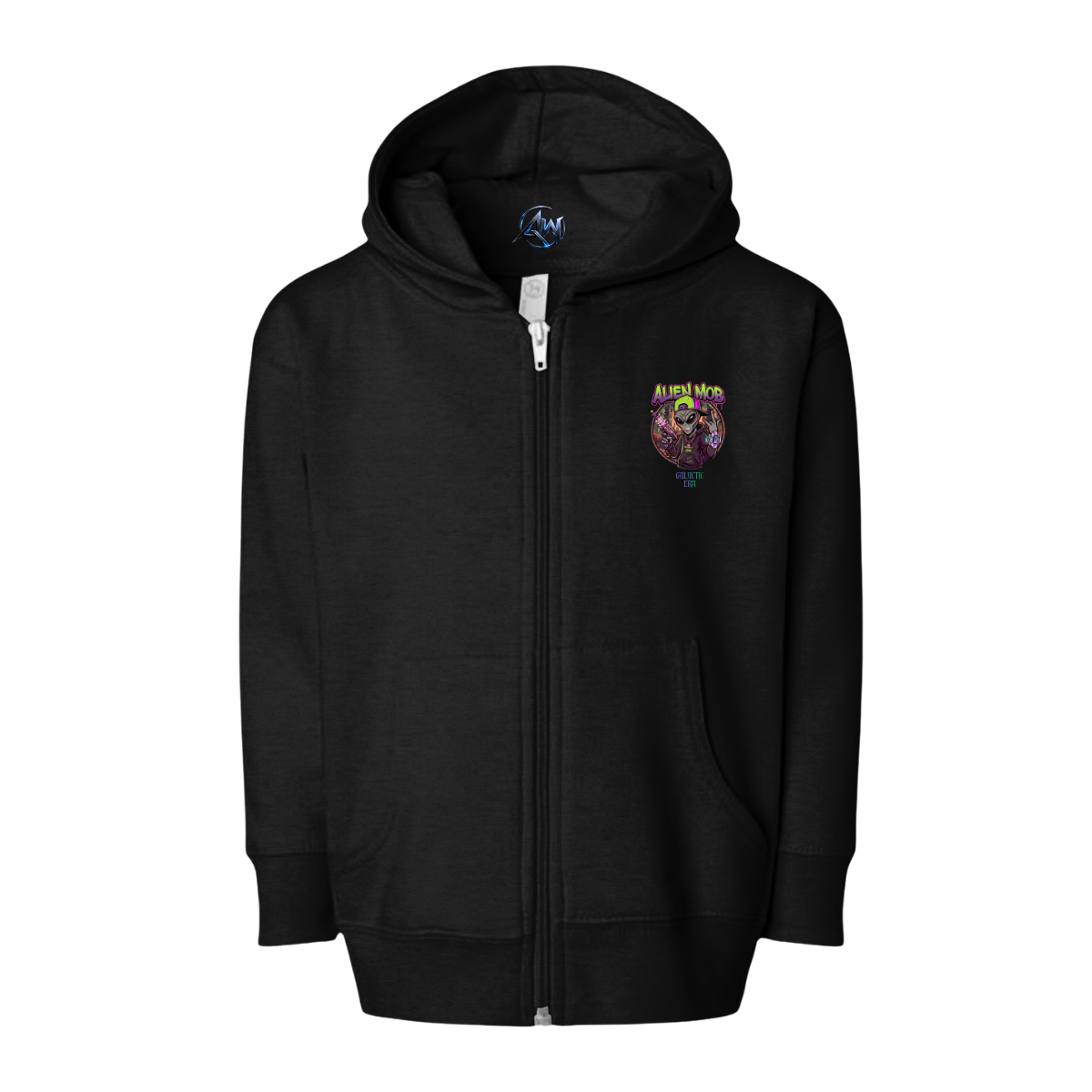 A black zip-up hoodie with a colorful circular Alien graphic on the left chest, displayed on a clean white background. Front view