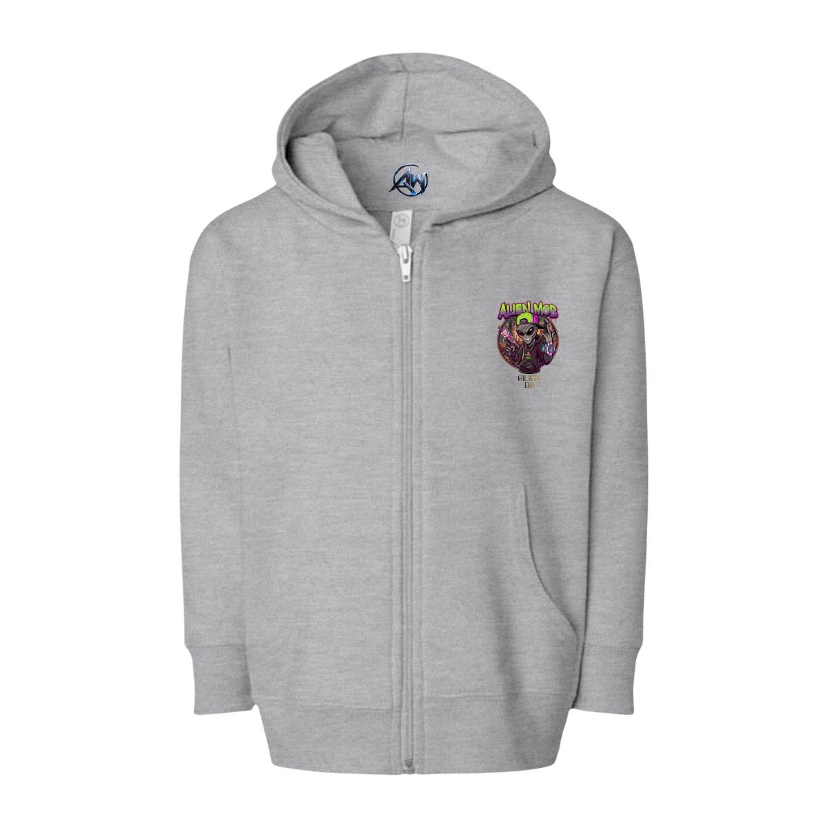 A light gray zip-up hoodie with a small colorful graphic on the left chest featuring a cartoon Alien character and the text 'Alien Mob'. The hoodie has a front zipper, hood, and side pockets, shown against a plain white background. Front view
