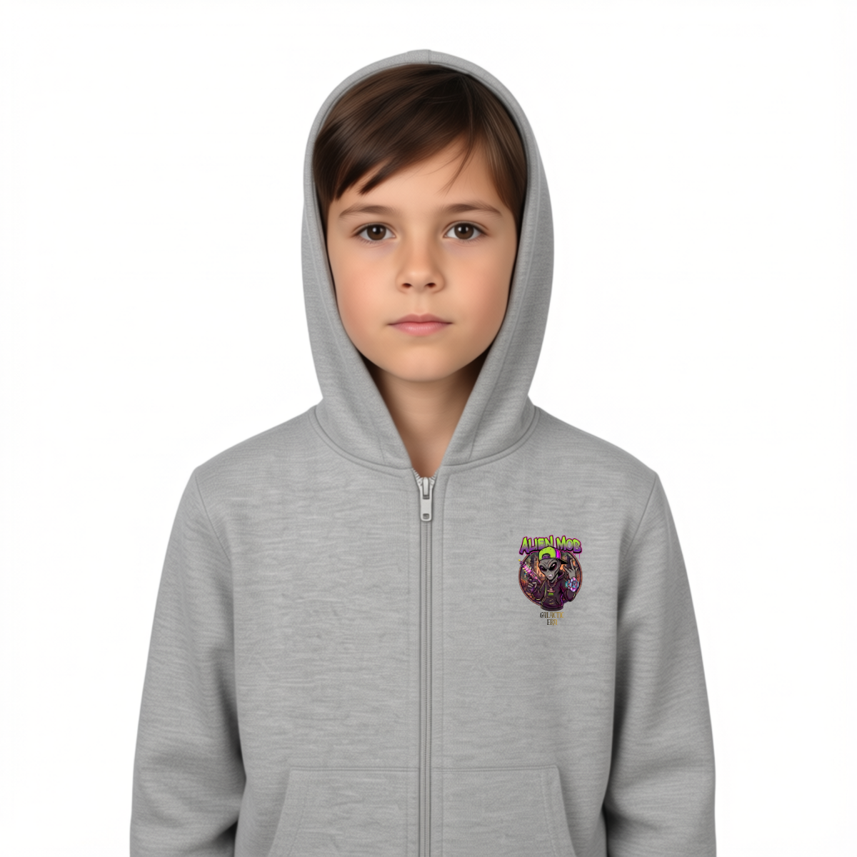 A child wearing a light gray zip-up hoodie with a colorful  Alien graphic on the left chest, photographed against a plain white background. front view