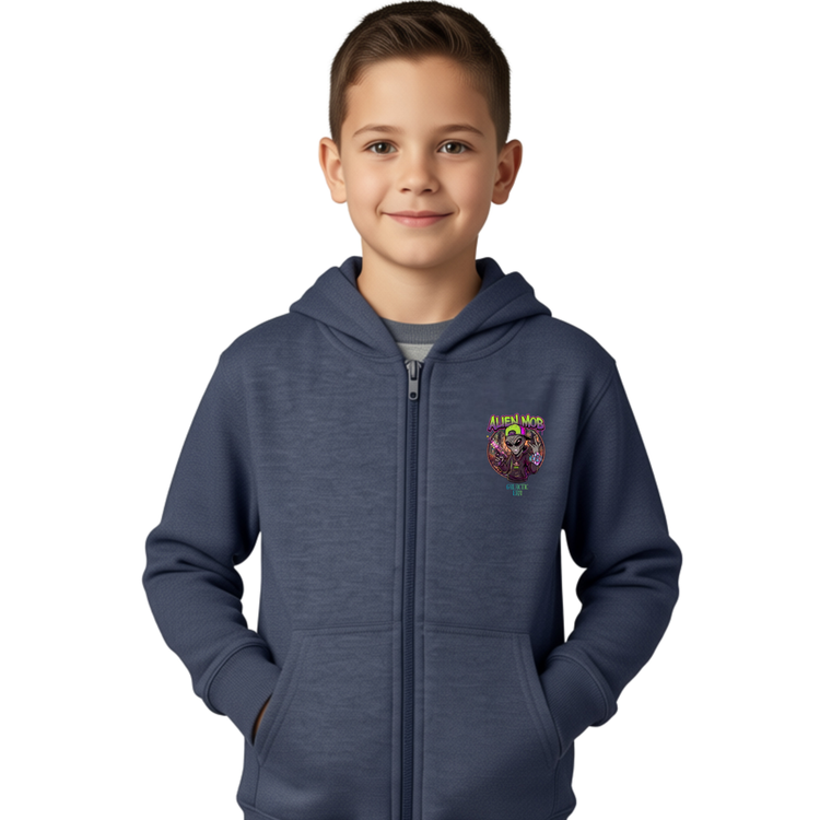A young boy wearing a heather navy blue zip-up hoodie with a colorful 'Alien' graphic on the left chest, photographed against a solid white background. Front view