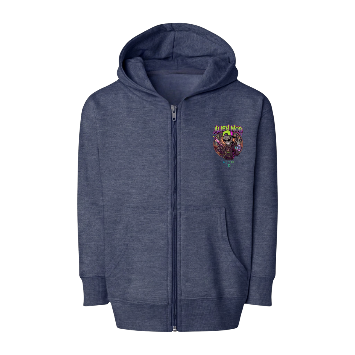 A navy blue heather zip-up hoodie with a colorful Alien graphic on the left chest, displayed on a clean white background. Front view