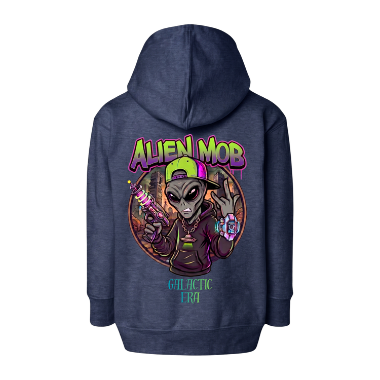 A navy blue heathered hoodie shown from the back, featuring a colorful graphic of a cartoon alien wearing a green cap and holding a laser gun the text 'ALIEN MOB' above and 'GALACTIC ERA!' below.