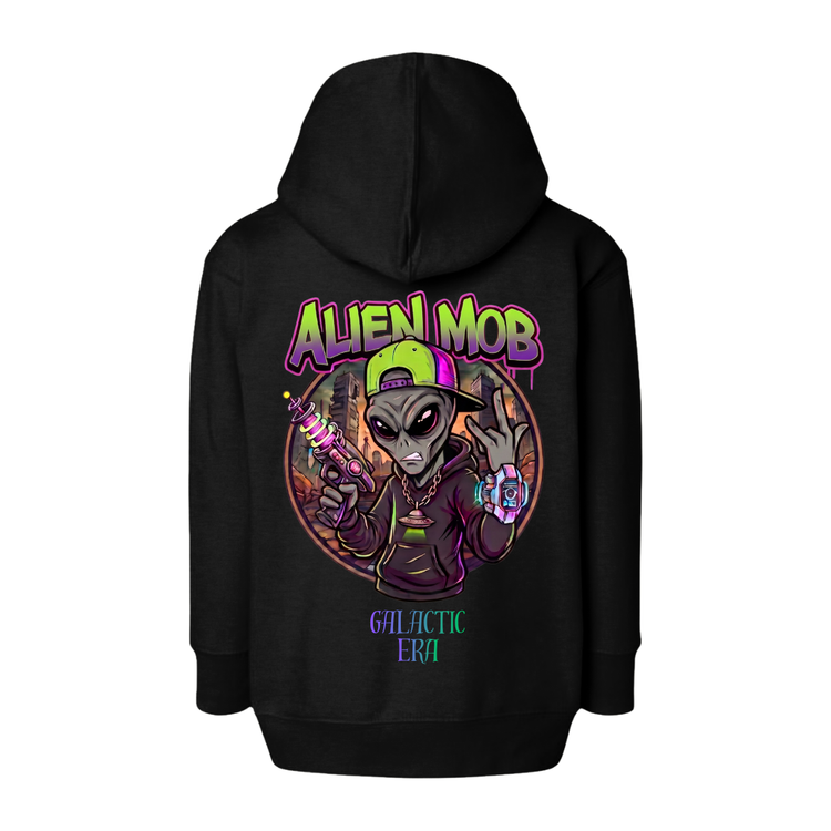 A black pullover hoodie shown from the back, featuring a large colorful graphic print of an alien wearing a green cap and holding a laser gun, with the text 'ALIEN MOB' and 'GALACTIC ERA' in neon-style lettering.
