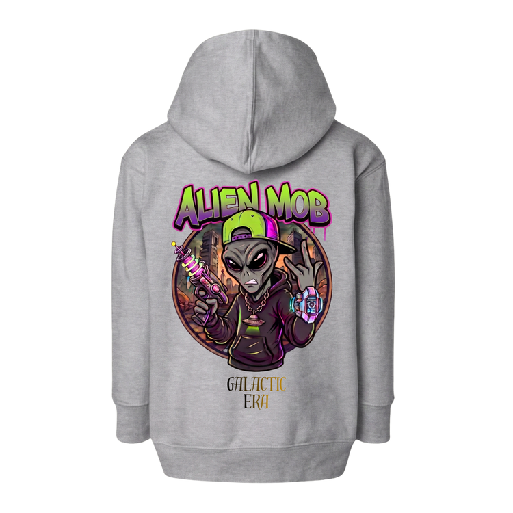 A light gray pullover hoodie shown from the back, featuring a large colorful graphic print of an alien character wearing a green cap and holding a laser gun, with the text 'ALIEN MOB' above and 'GALACTIC ERA' below.