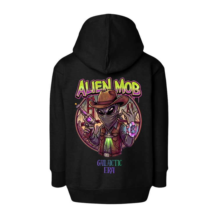 A black pullover hoodie shown from the back, featuring a large colorful graphic print of an alien character wearing a cowboy hat and vest, with the text 'ALIEN MOB' above and 'GALACTIC ERA' below.
