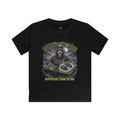 "Kids black Halloween t-shirt featuring a neon grim reaper DJ graphic on the front — Dropping Beats Raising the Dead graphic tee for children"

