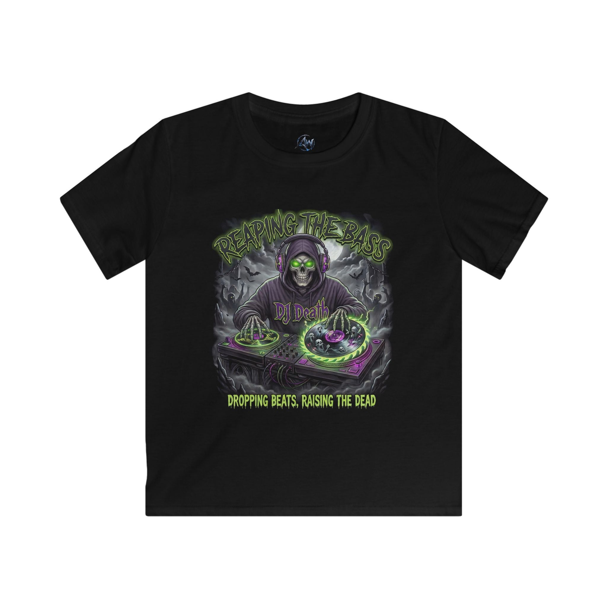 "Kids black Halloween t-shirt featuring a neon grim reaper DJ graphic on the front — Dropping Beats Raising the Dead graphic tee for children"

