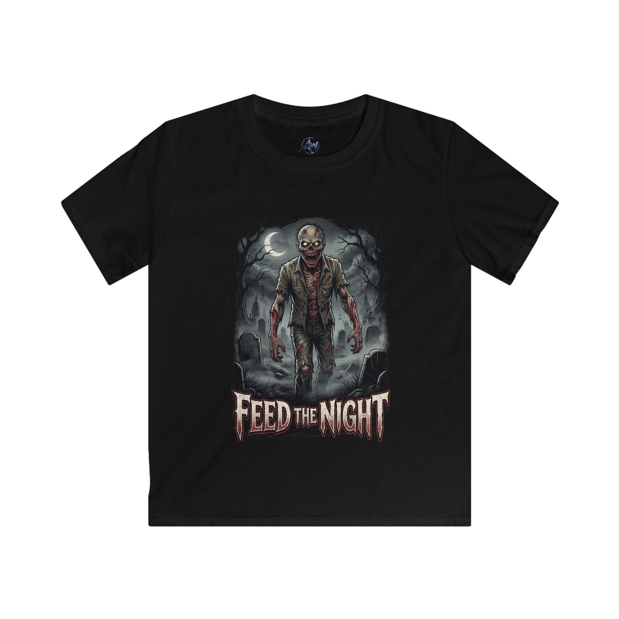 Black shirt  kids zombie graphic tee front view — zombie rising from graveyard under crescent moon with "Feed the Night" horror text, Halloween shirt for boys and girls