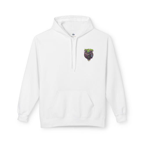 White alien hip hop graphic pullover hoodie with Alien Mob chest crest design – Galactic Era streetwear

