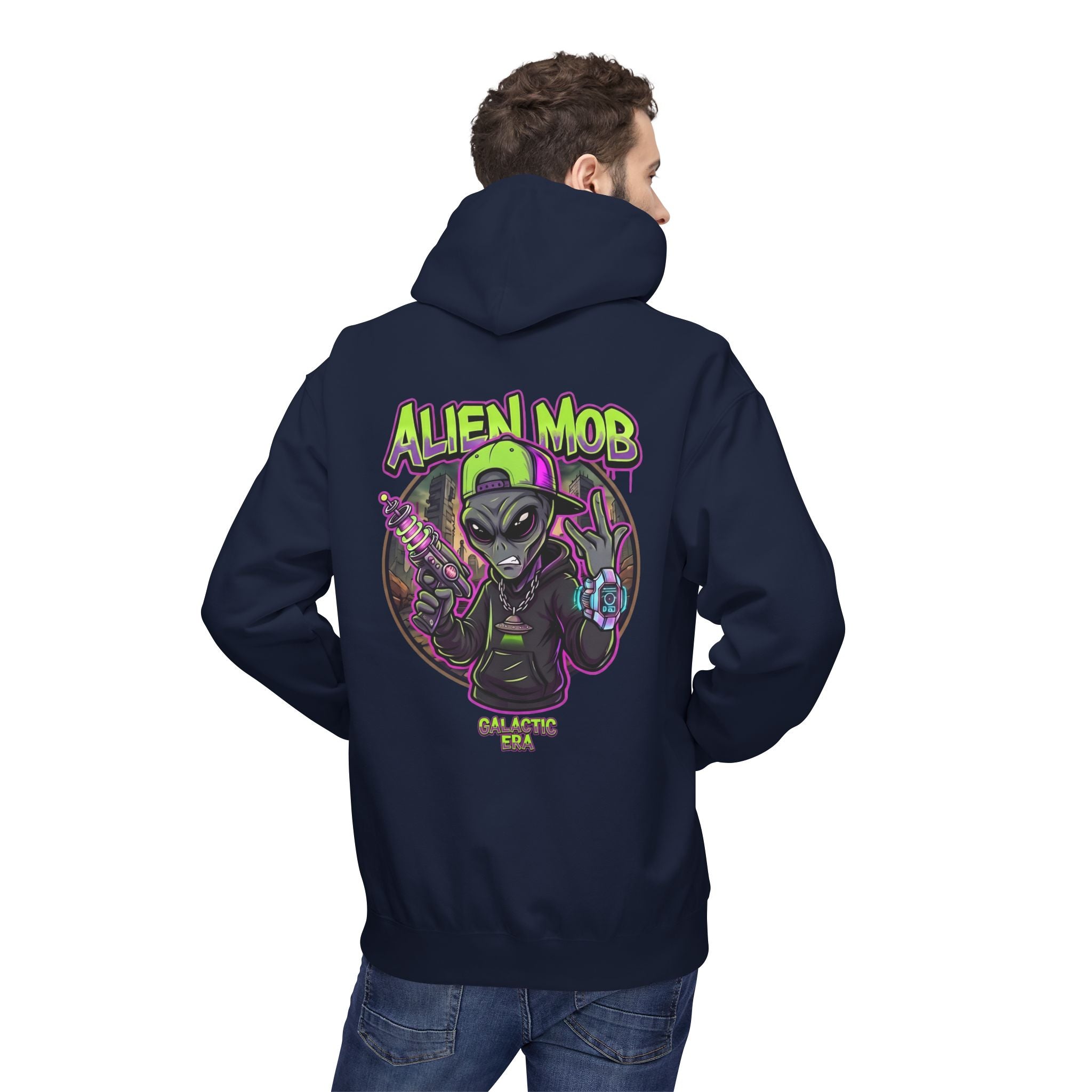 Navy blue alien hip hop pullover hoodie worn by man back view showing bold Alien Mob Galactic Era graphic – streetwear

