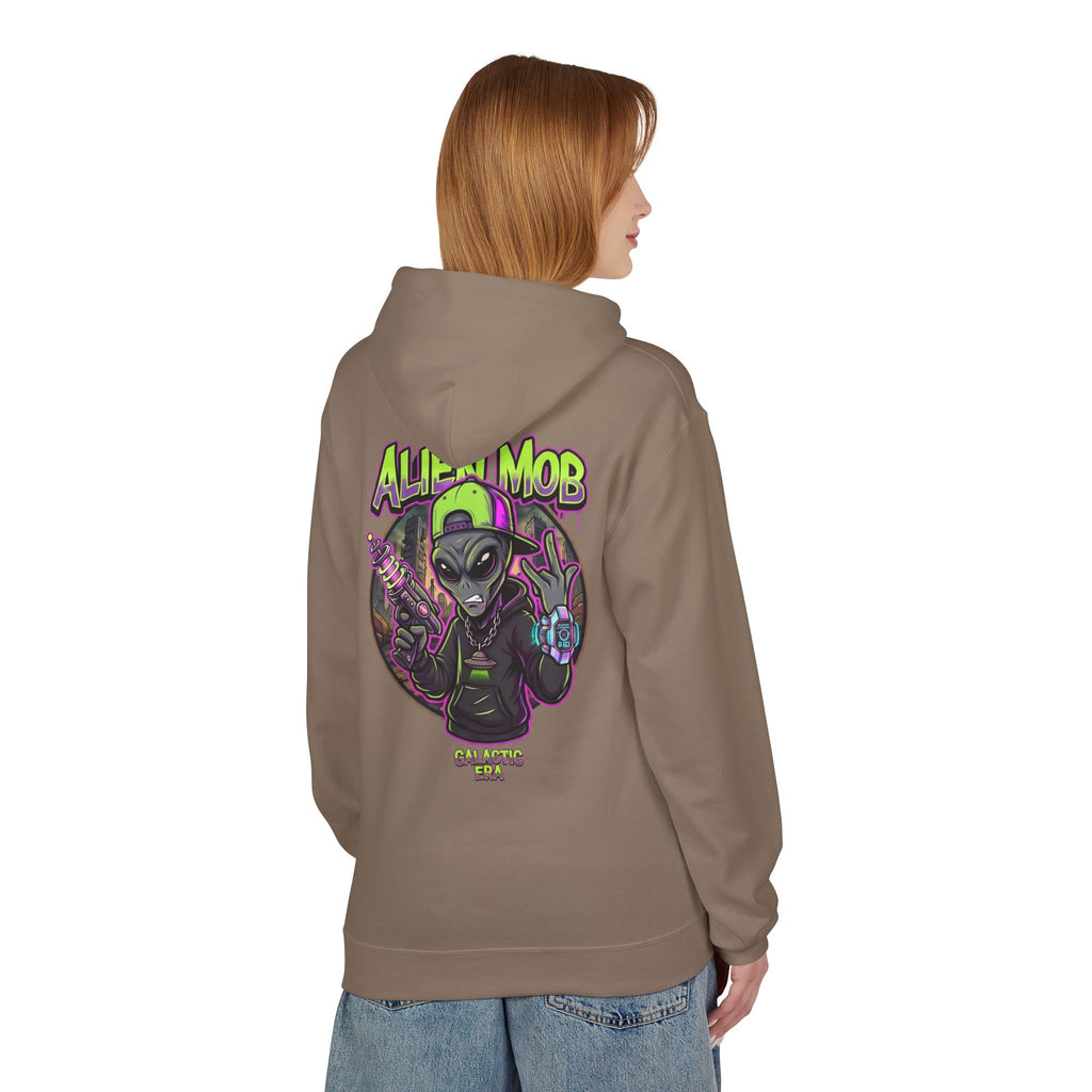 Brown Savana alien hip hop pullover hoodie worn by woman back view showing bold Alien Mob Galactic Era graphic – streetwear


