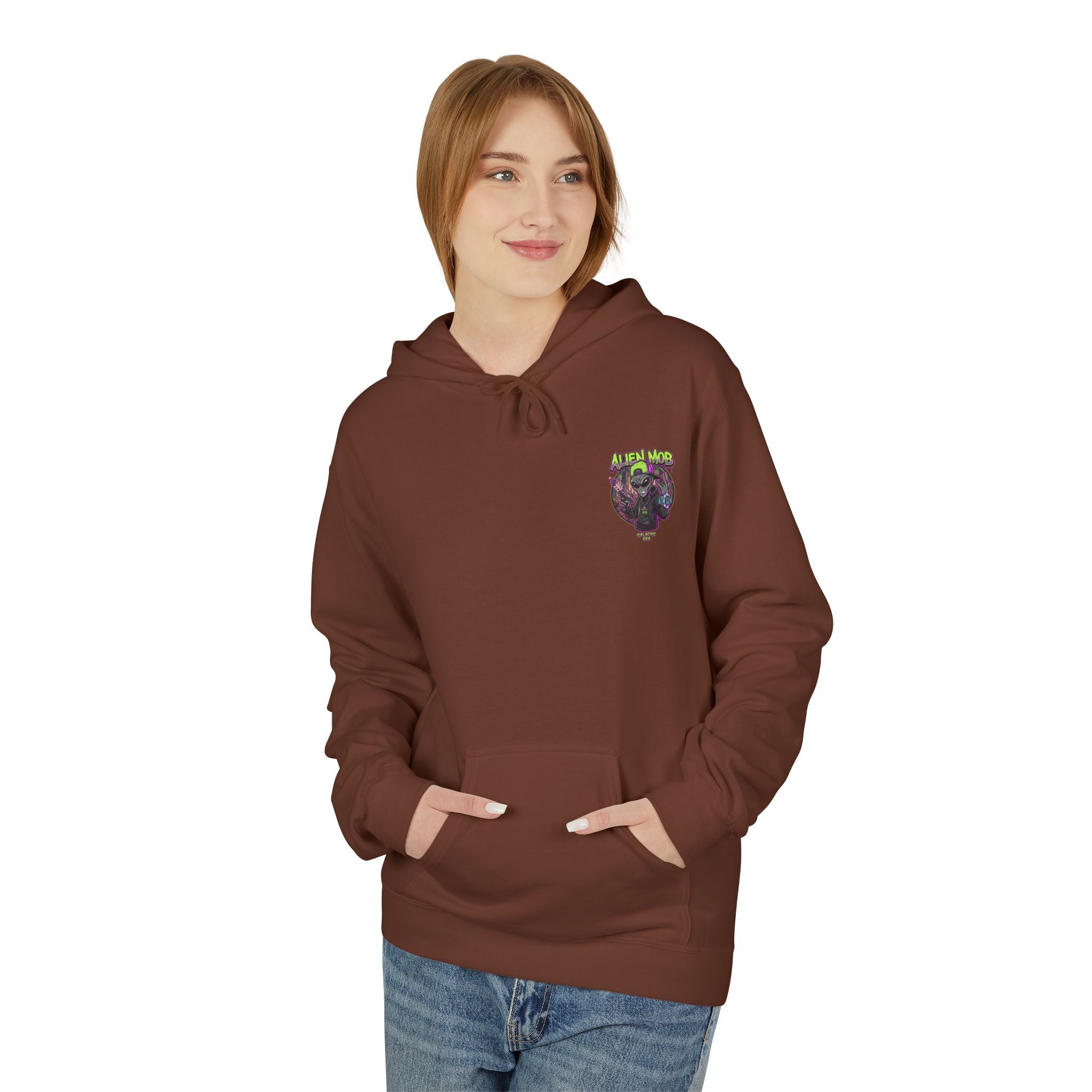 Cocoa brown alien hip hop pullover hoodie worn by woman front view showing Alien Mob chest crest – Galactic Era streetwear

