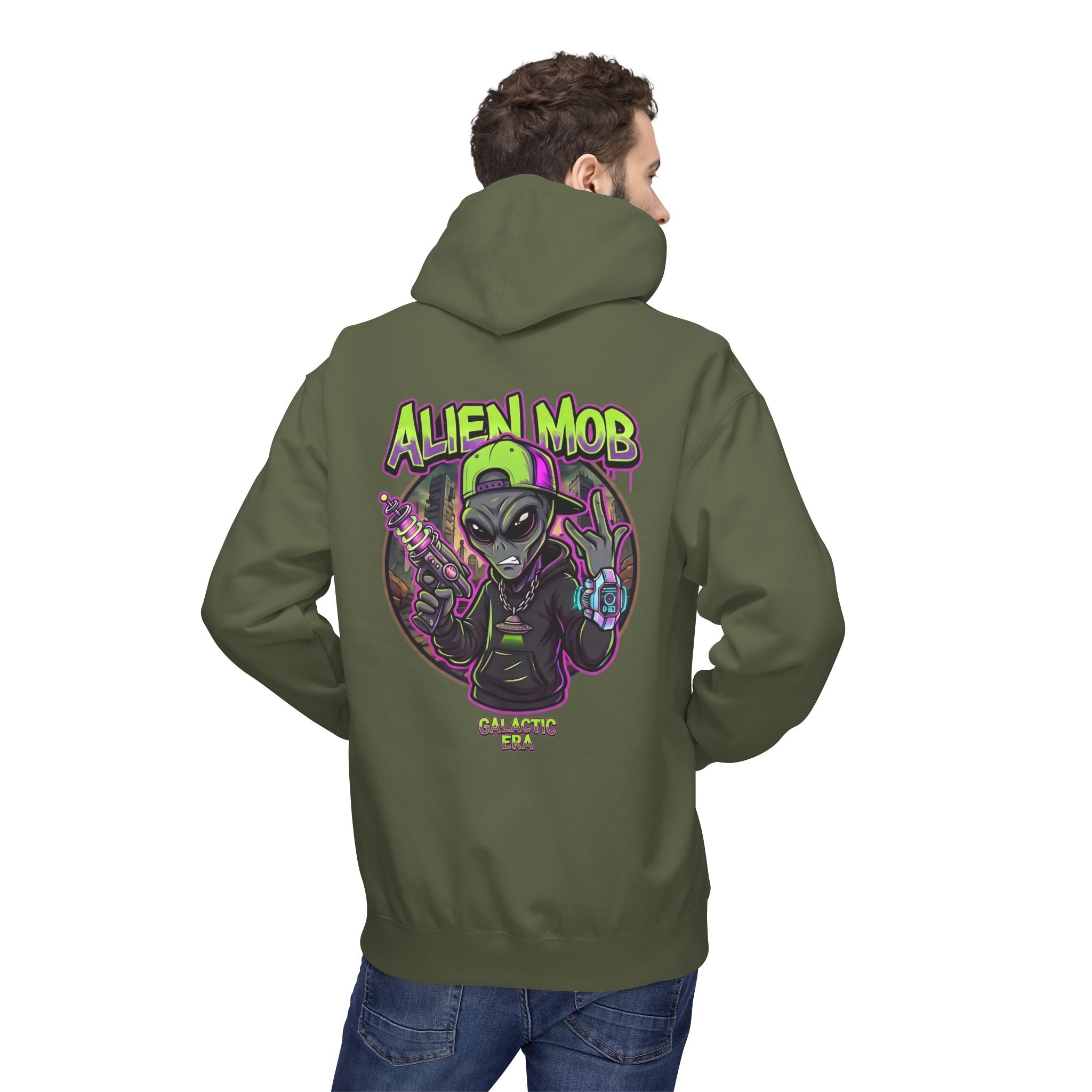 Military green alien hip hop pullover hoodie worn by man back view showing bold Alien Mob Galactic Era graphic – streetwear

