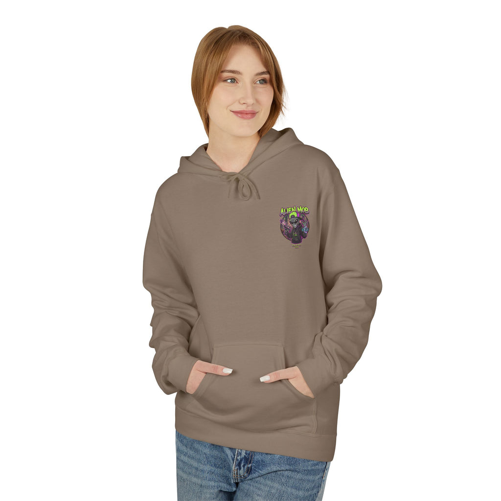 Brown Savana alien hip hop pullover hoodie worn by woman front view showing Alien Mob chest crest – Galactic Era streetwear

