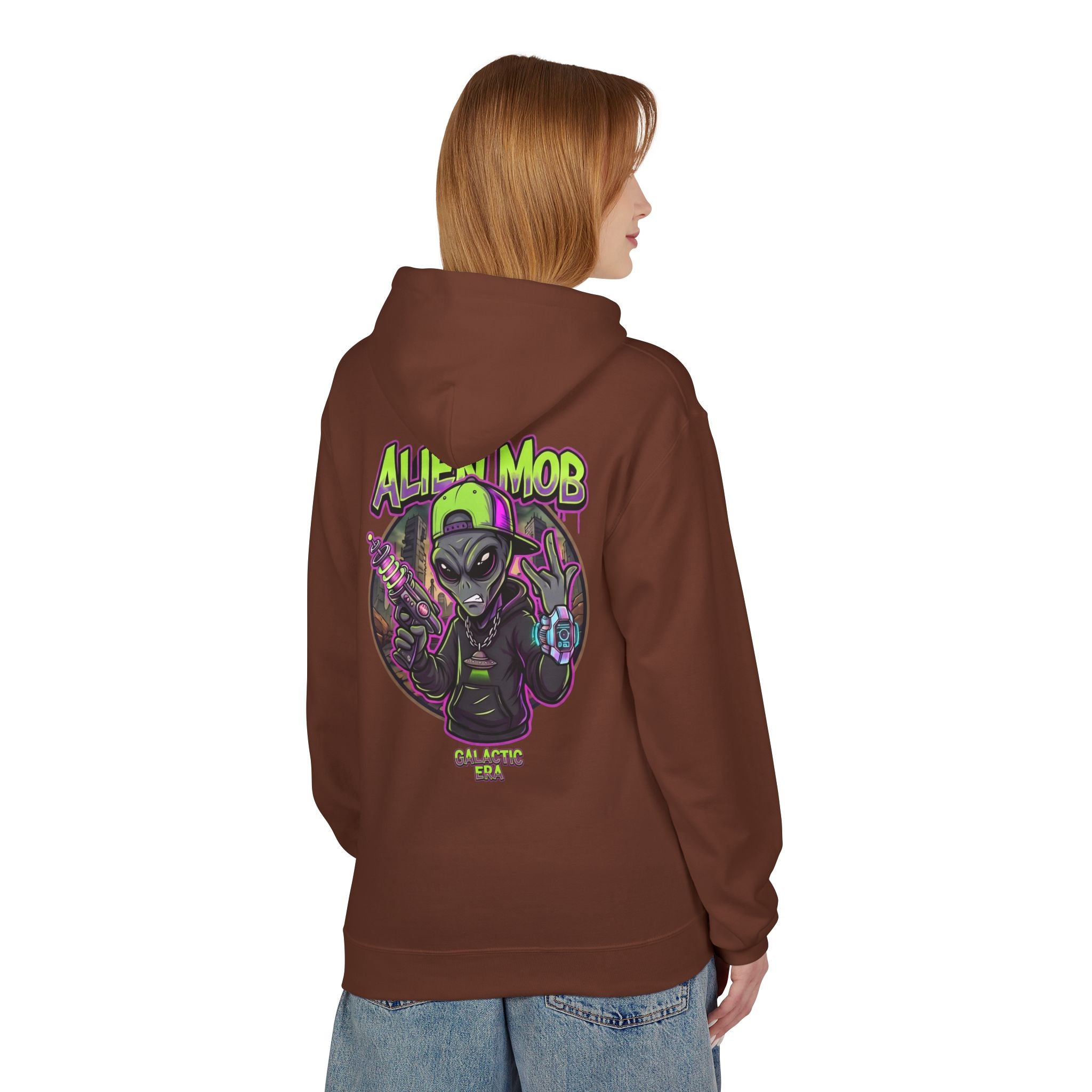Cocoa brown alien hip hop pullover hoodie worn by woman back view showing bold Alien Mob Galactic Era graphic – streetwear

