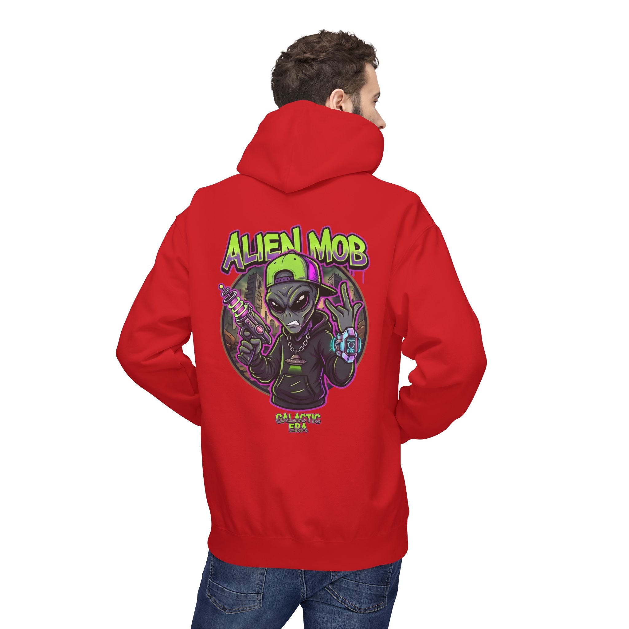 Red alien hip hop pullover hoodie worn by man back view showing bold Alien Mob Galactic Era graphic – streetwear

