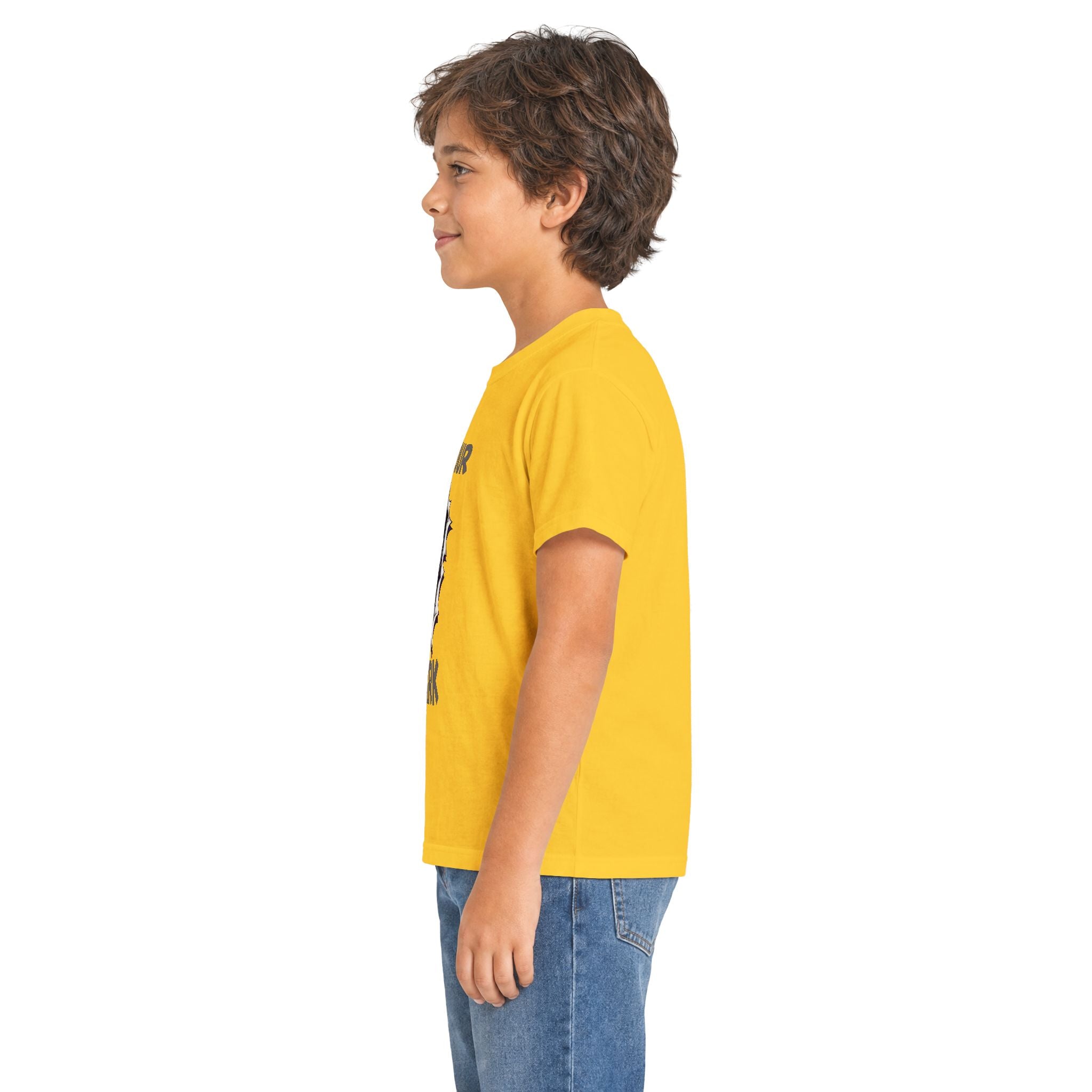 A child model in profile wearing a bright yellow short-sleeve t-shirt with a small black graphic print on the chest, paired with blue jeans, against a plain white background.