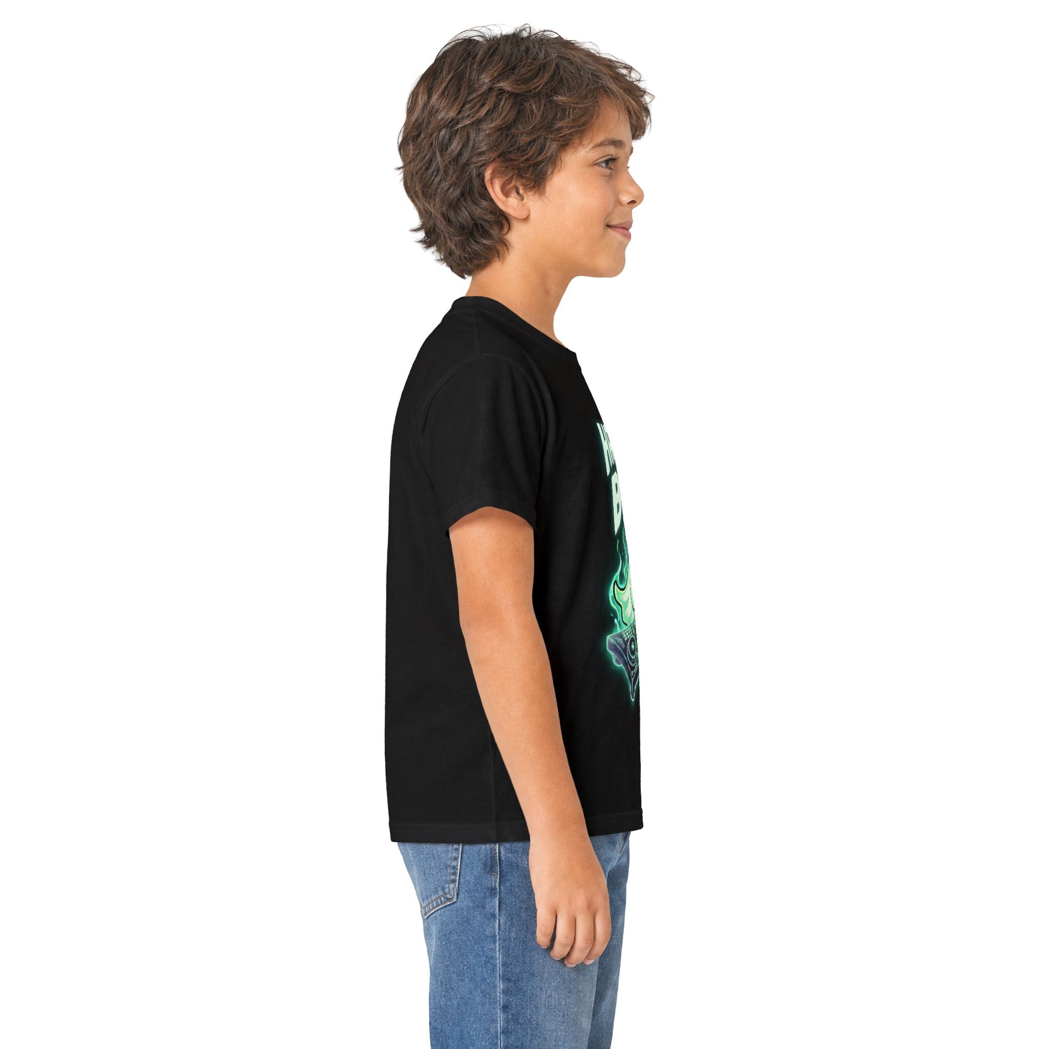 "Right side view of kids black Halloween ghost DJ t-shirt — Haunting Beats graphic tee showing clean side seam-free construction"

