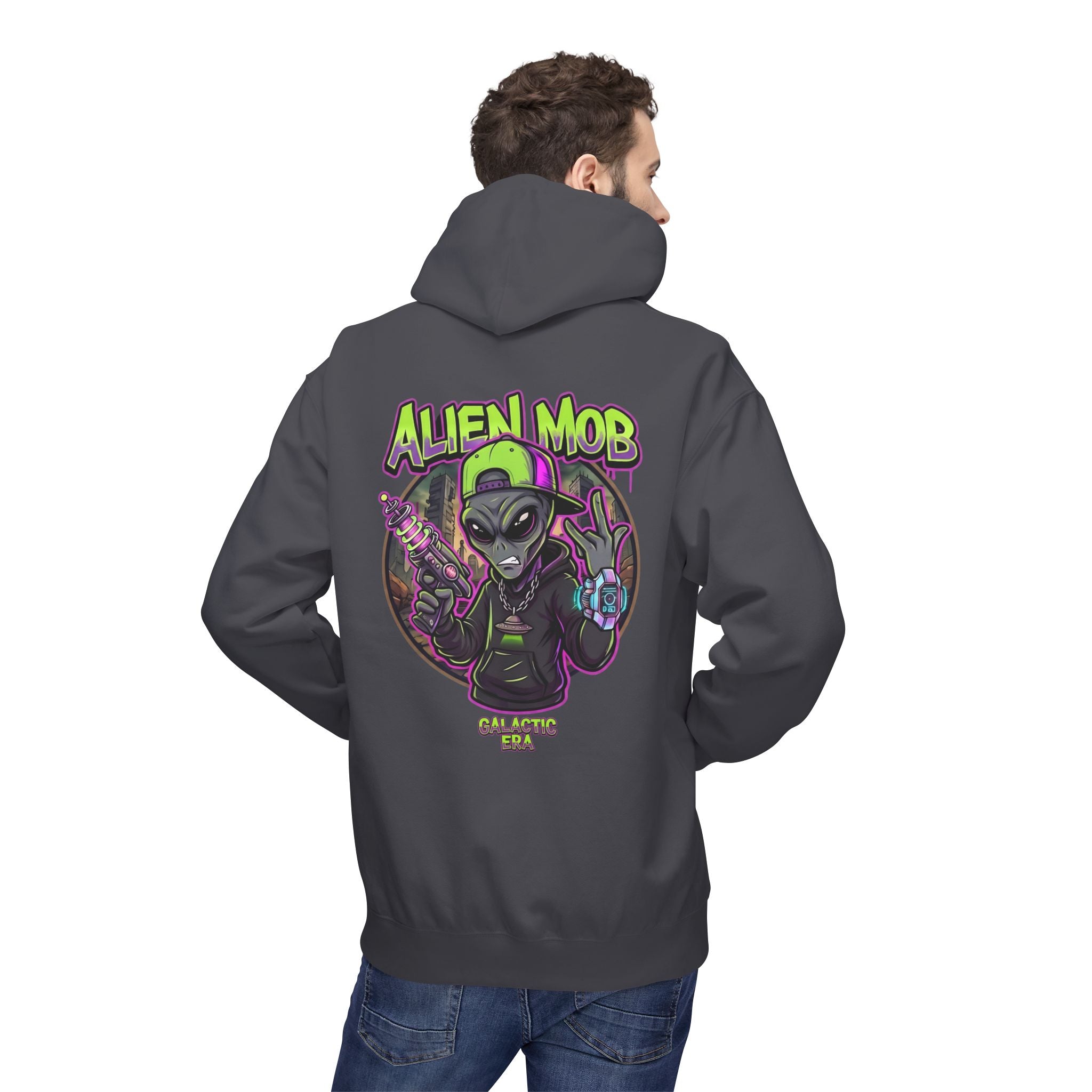 Smoke gray alien hip hop pullover hoodie worn by man back view showing bold Alien Mob Galactic Era graphic – streetwear

