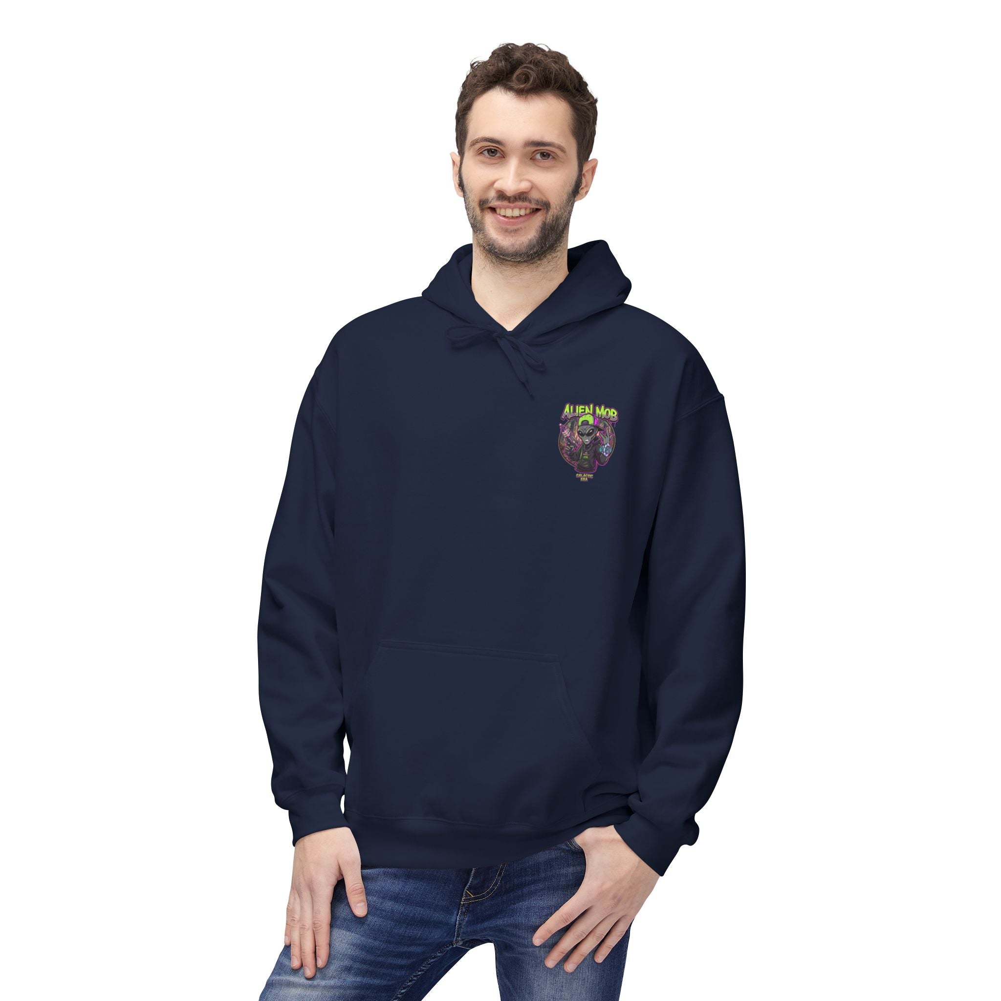 Navy blue alien hip hop pullover hoodie worn by man front view showing Alien Mob chest crest – Galactic Era streetwear

