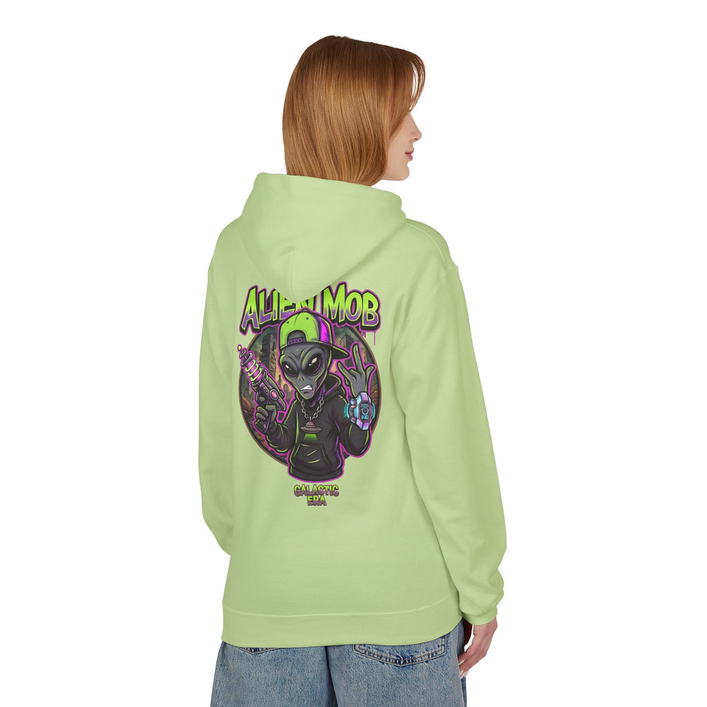 Pistachio green alien hip hop pullover hoodie worn by woman back view showing bold Alien Mob Galactic Era graphic – streetwear

