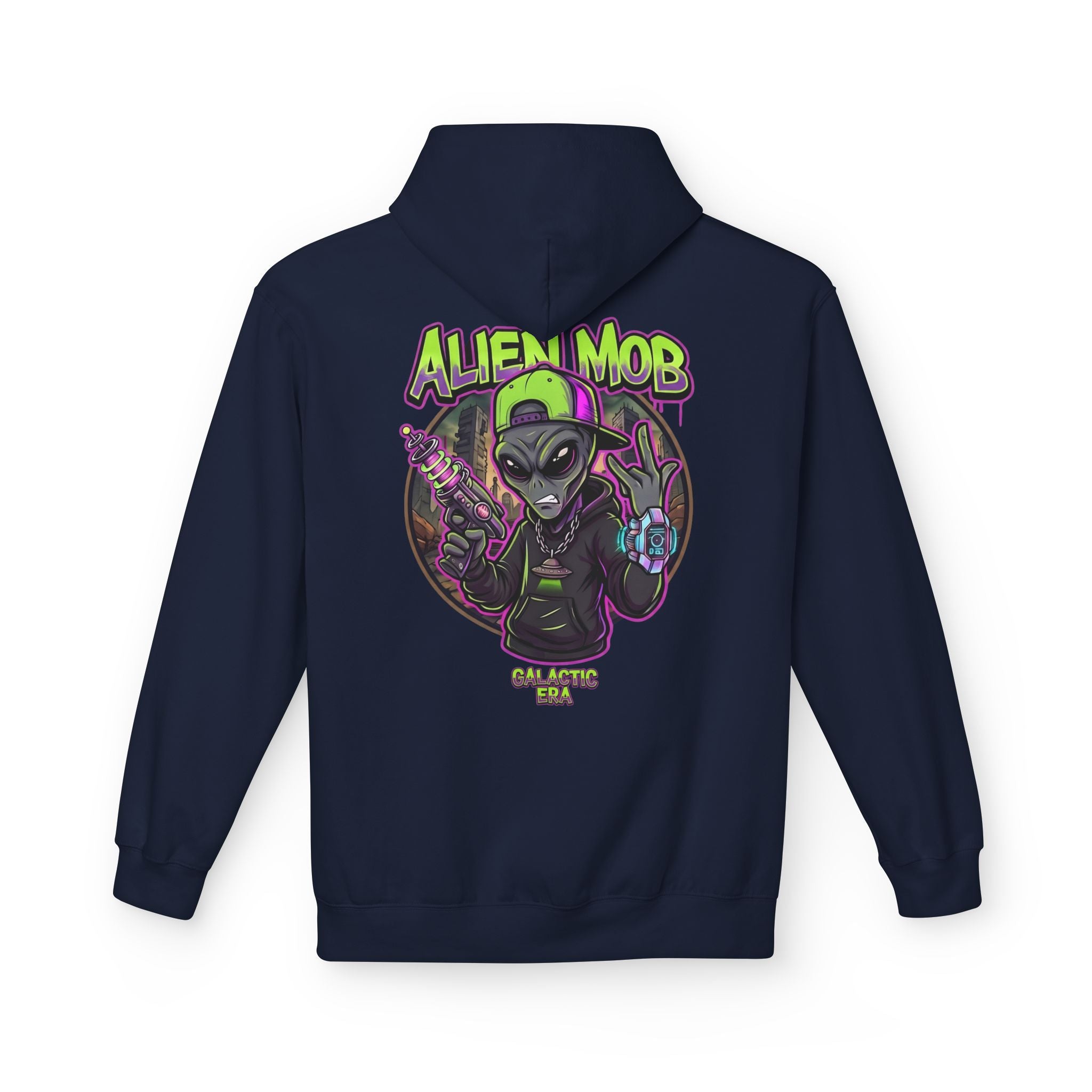 Navy blue alien hip hop pullover hoodie back view with bold Alien Mob Galactic Era graphic print – streetwear

