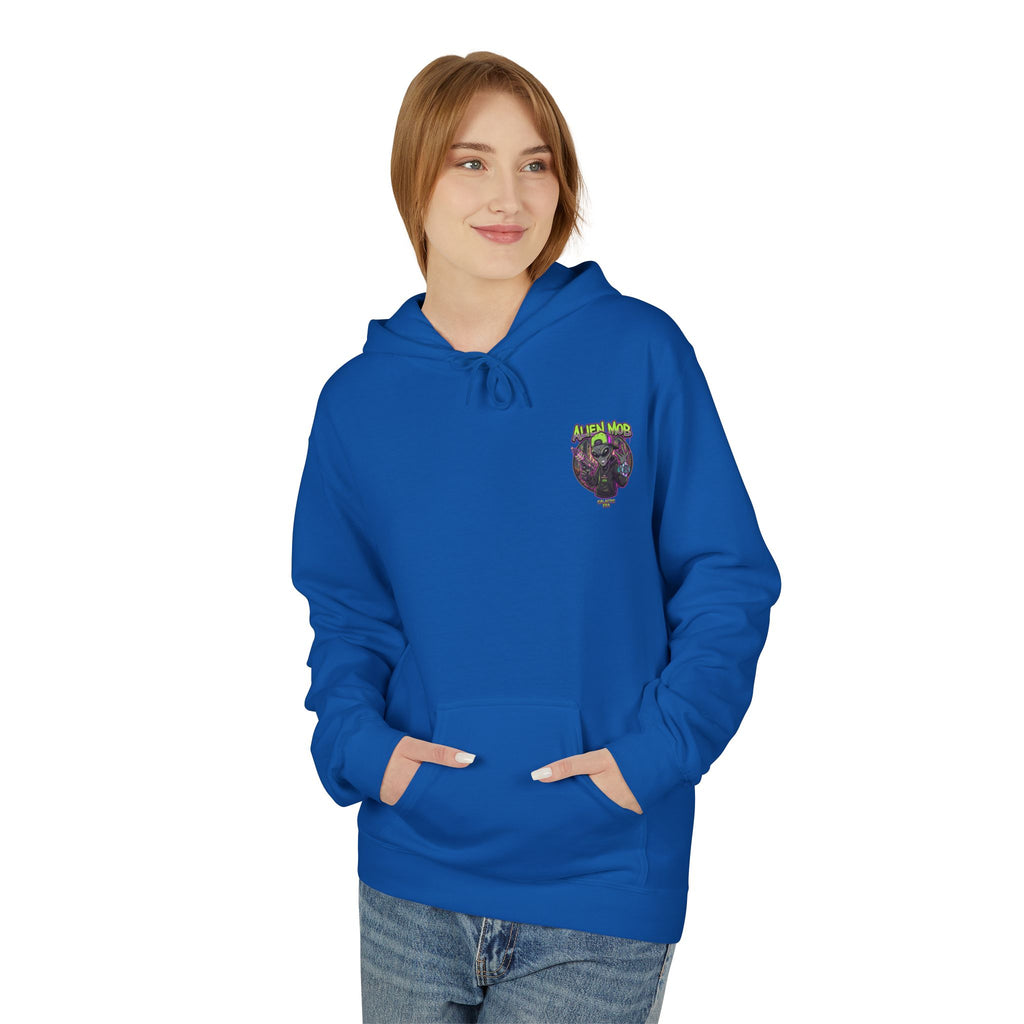 Royal blue alien hip hop pullover hoodie worn by woman front view showing Alien Mob chest crest – Galactic Era streetwear

