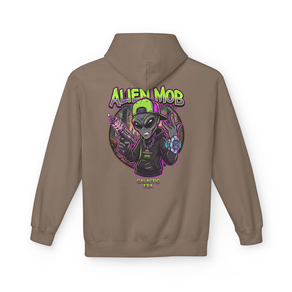 Brown Savana alien hip hop pullover hoodie back view with bold Alien Mob Galactic Era graphic print – streetwear

