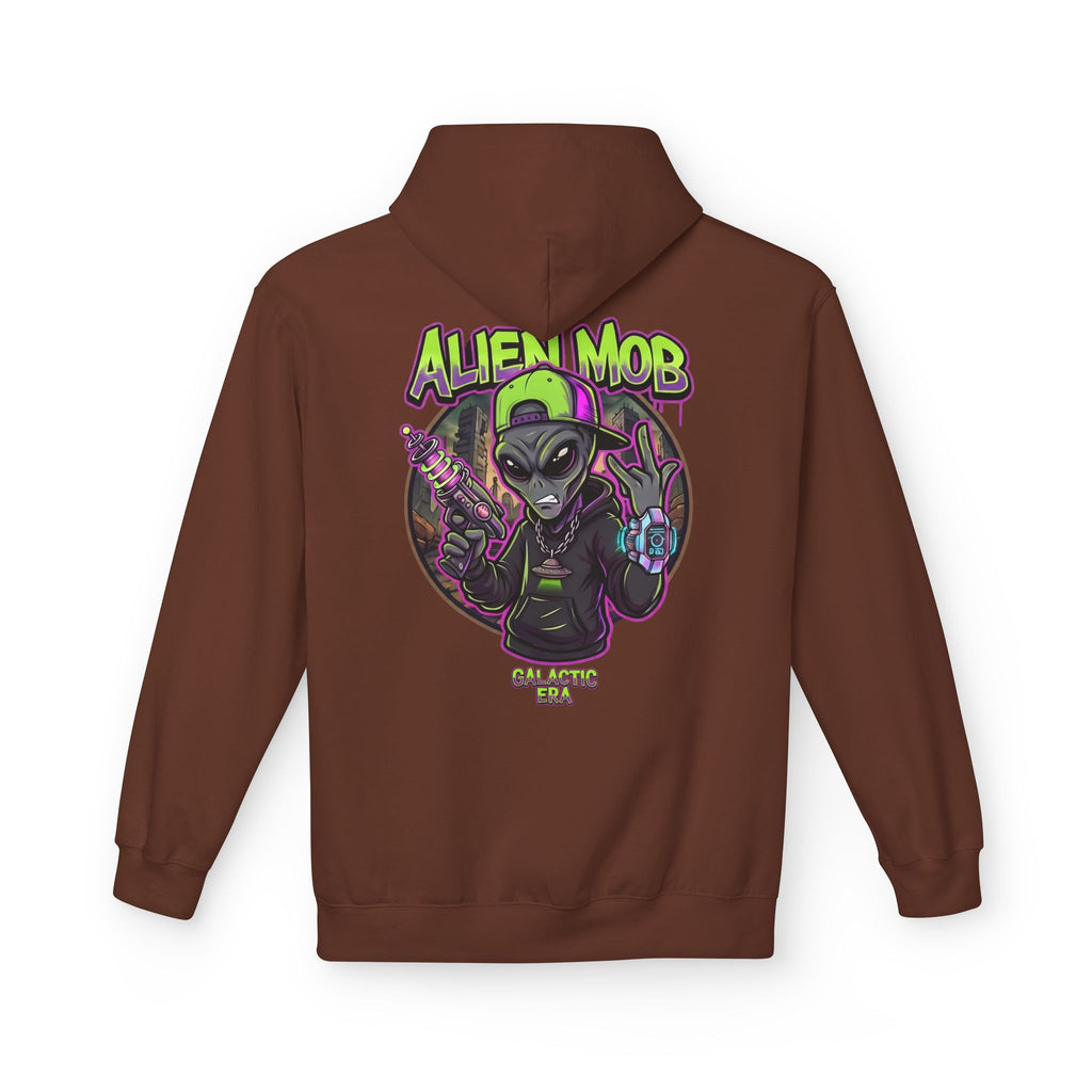Cocoa brown alien hip hop pullover hoodie back view with bold Alien Mob Galactic Era graphic print – streetwear


