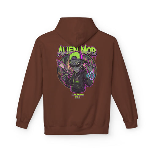 Cocoa brown alien hip hop pullover hoodie back view with bold Alien Mob Galactic Era graphic print – streetwear



