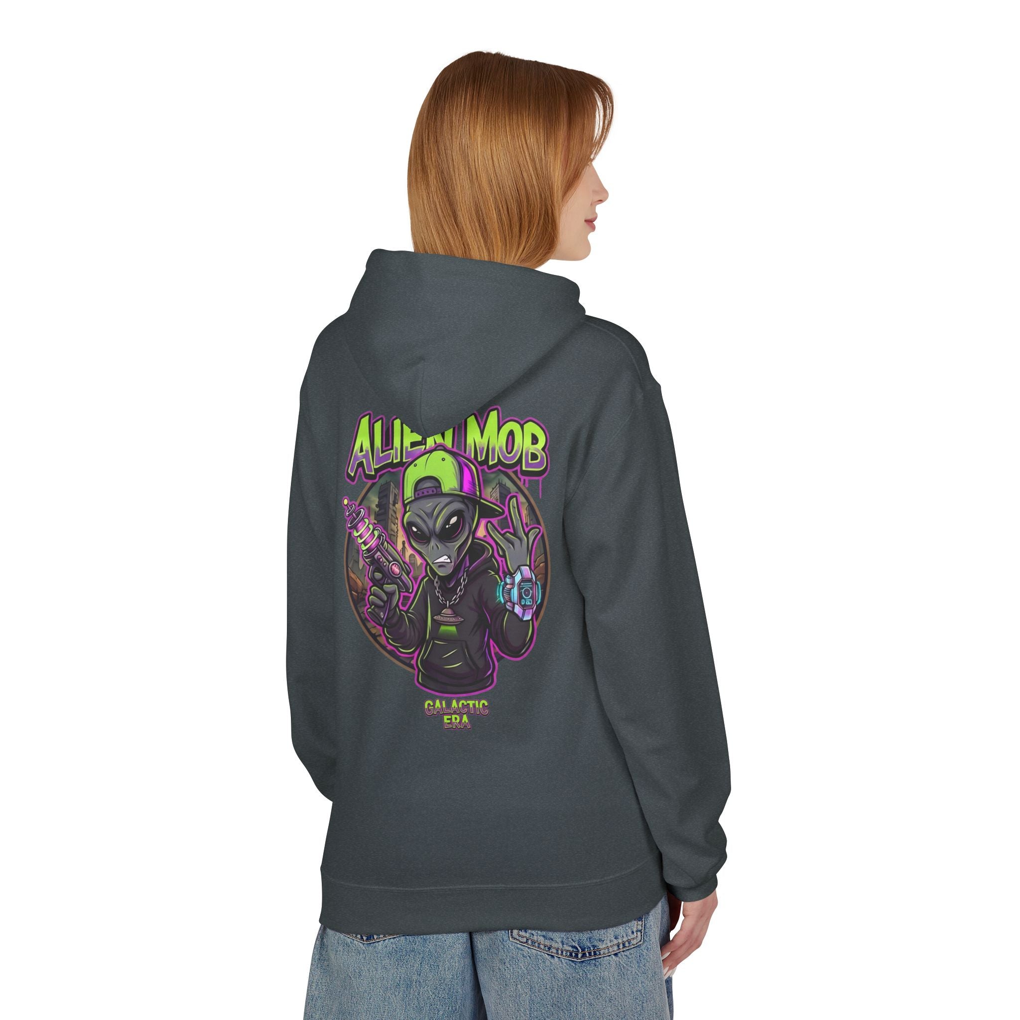 Dark heather gray alien hip hop pullover hoodie worn by woman back view showing bold Alien Mob Galactic Era graphic – streetwear

