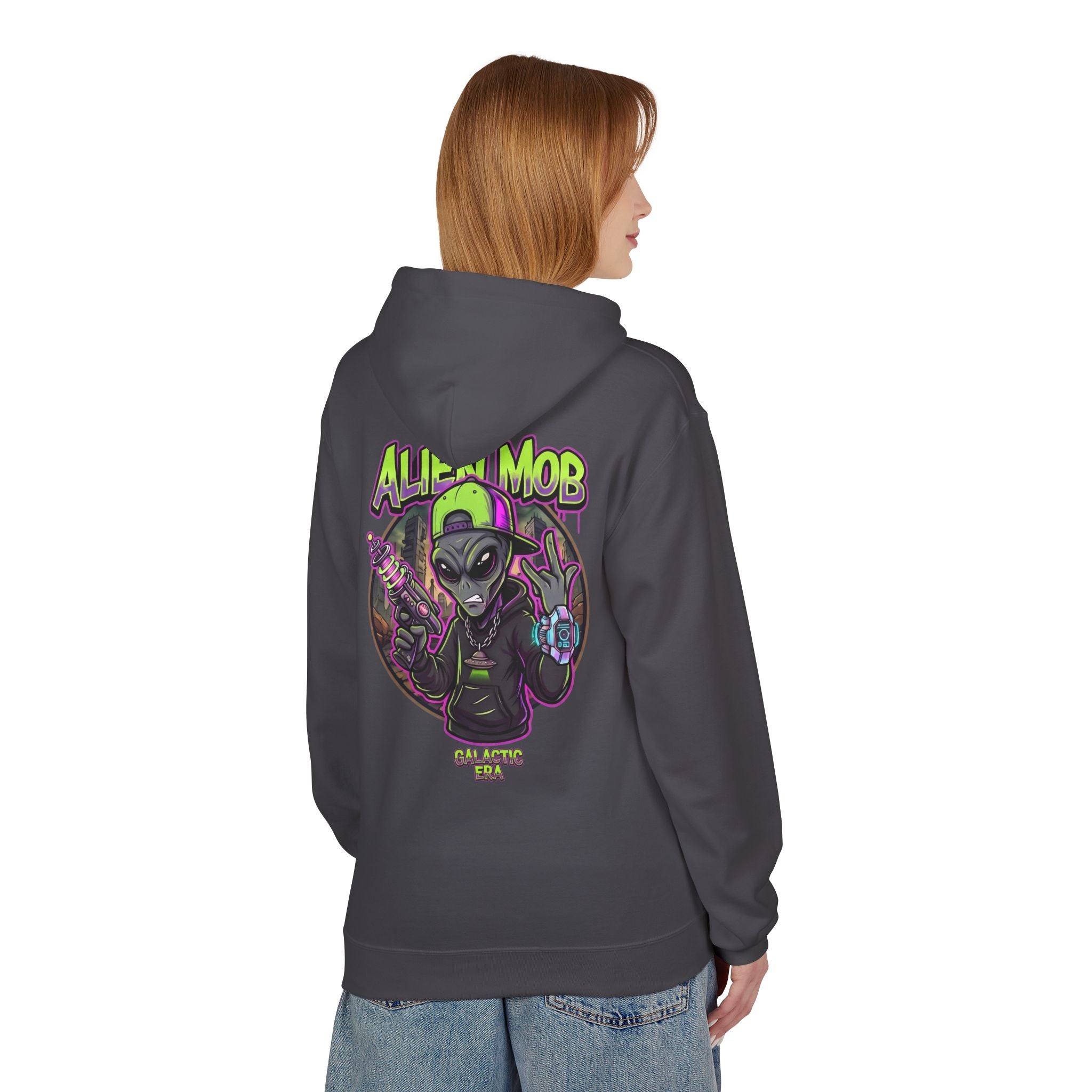 Smoke gray alien hip hop pullover hoodie worn by woman back view showing bold Alien Mob Galactic Era graphic – streetwear

