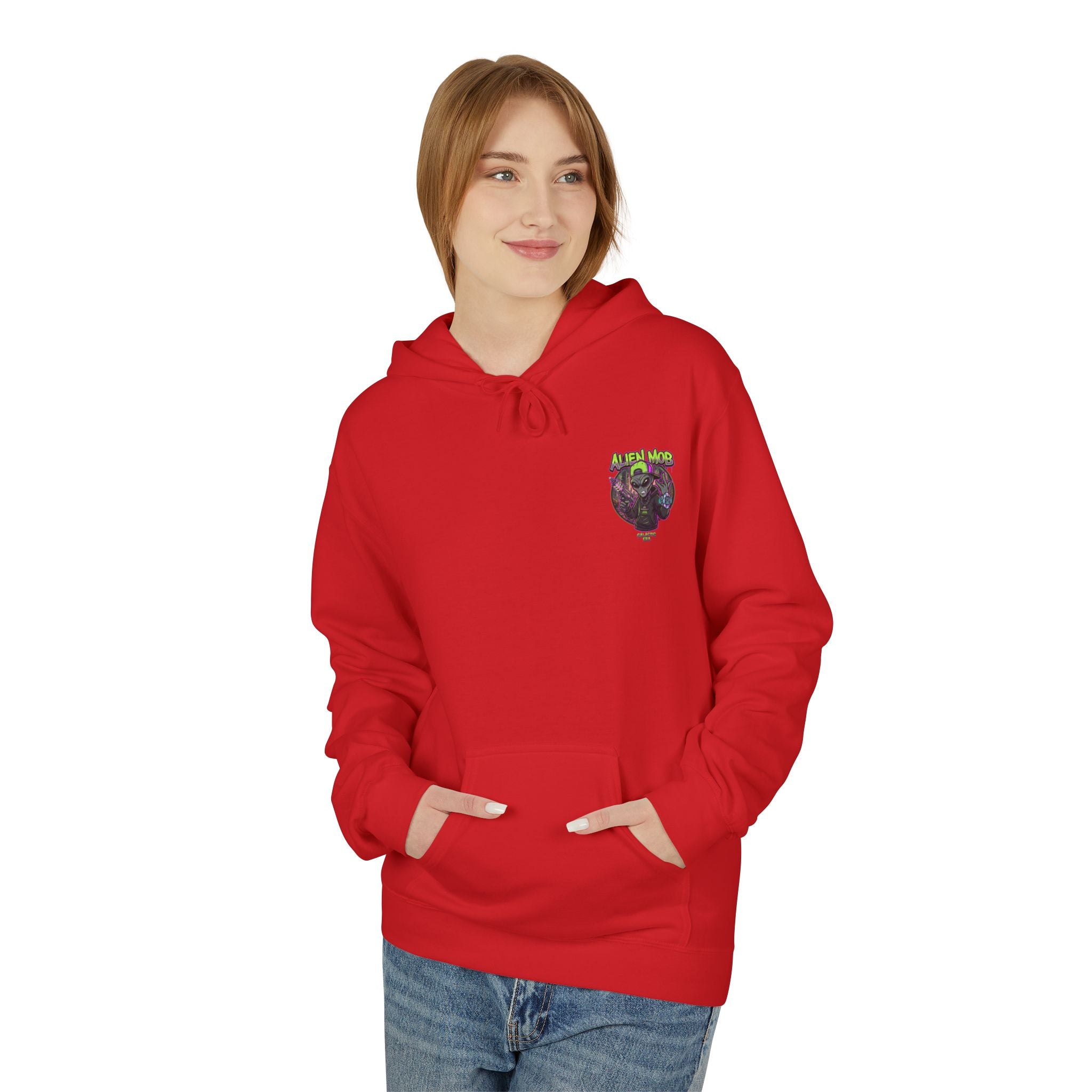 Red alien hip hop pullover hoodie worn by woman front view showing Alien Mob chest crest – Galactic Era streetwear

